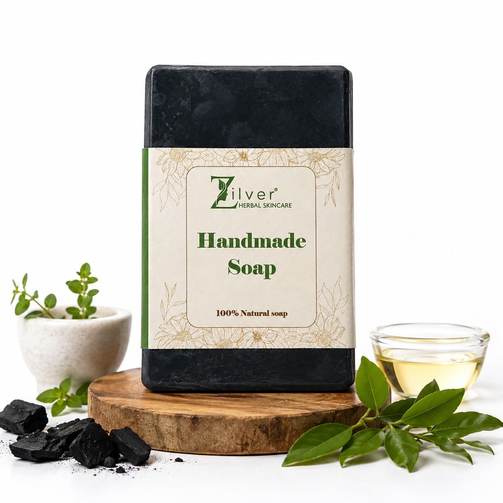 Zilver Handmade Herbal Charcoal Soap – Deep Cleansing Natural Bath Soap with Tea Tree & Essential Oils | 100g