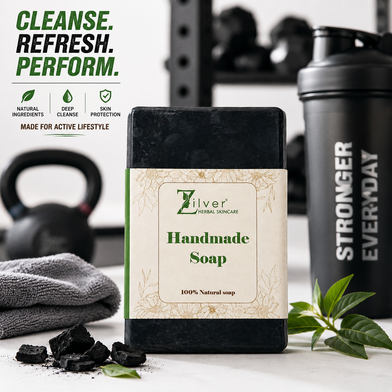 Zilver Handmade Herbal Charcoal Soap – Deep Cleansing Natural Bath Soap with Tea Tree & Essential Oils | 100g
